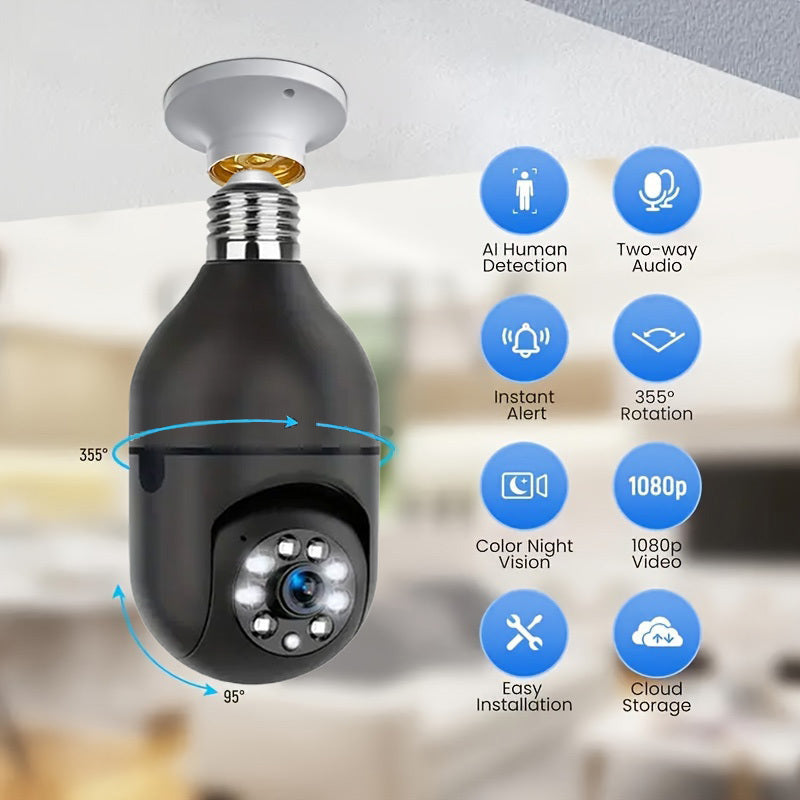 Smart Light Bulb Security Camera E27 WiFi 360° Pan/Tilt Motion Detection Two-Way Audio Indoor Outdoor