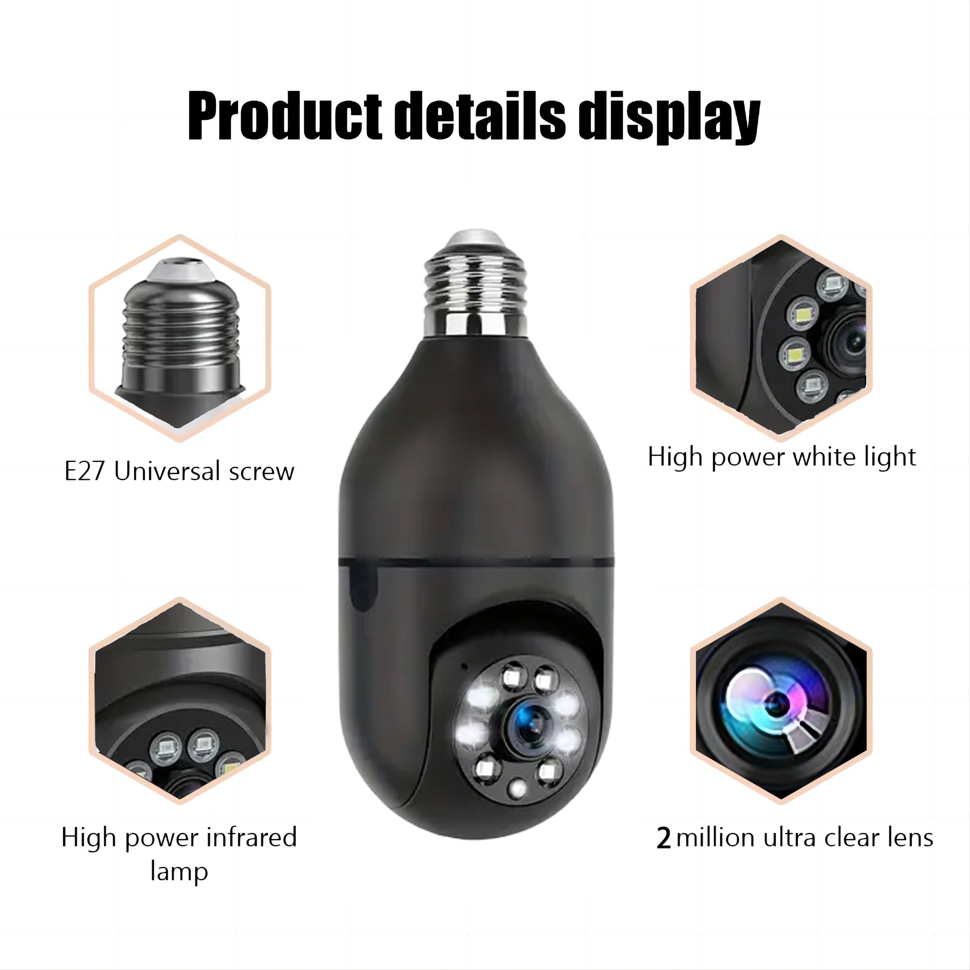 Smart Light Bulb Security Camera E27 WiFi 360° Pan/Tilt Motion Detection Two-Way Audio Indoor Outdoor
