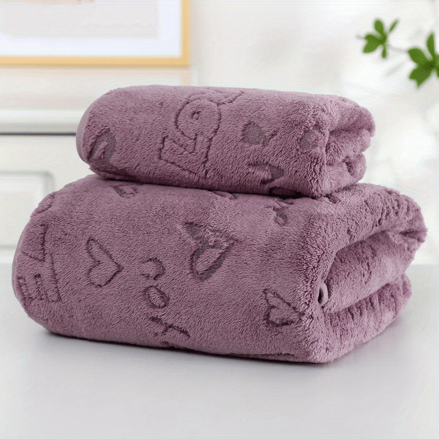 Coral Velvet Bath Towels Set 2 Pieces Obong Pattern Soft Absorbent for Face and Body