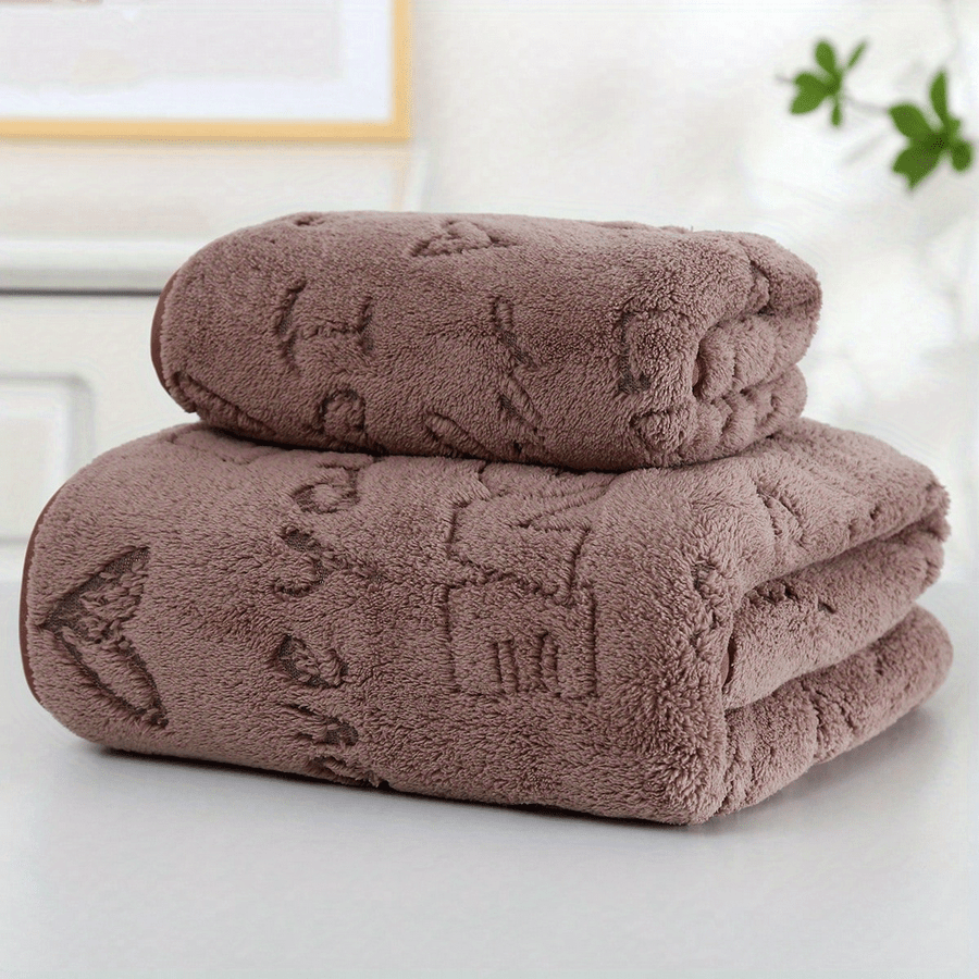 Coral Velvet Bath Towels Set 2 Pieces Obong Pattern Soft Absorbent for Face and Body
