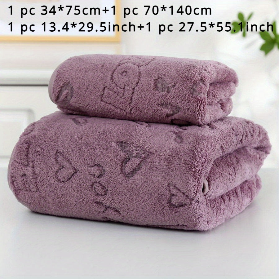 Coral Velvet Bath Towels Set 2 Pieces Obong Pattern Soft Absorbent for Face and Body
