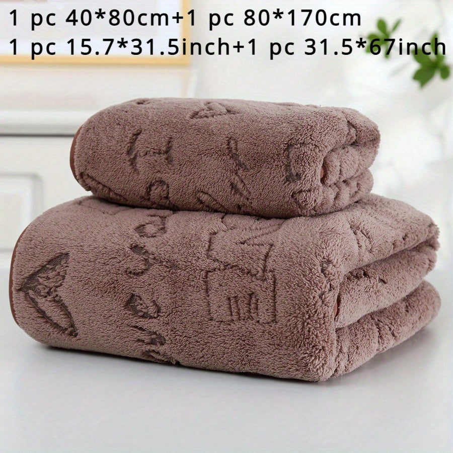 Coral Velvet Bath Towels Set 2 Pieces Obong Pattern Soft Absorbent for Face and Body