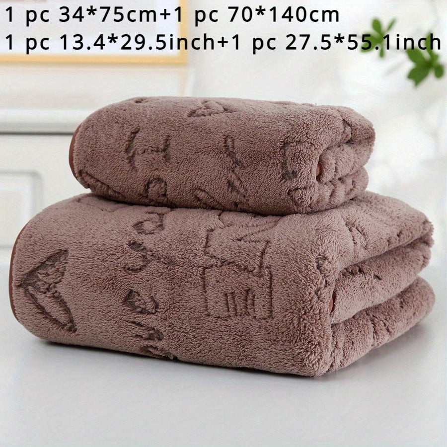 Coral Velvet Bath Towels Set 2 Pieces Obong Pattern Soft Absorbent for Face and Body