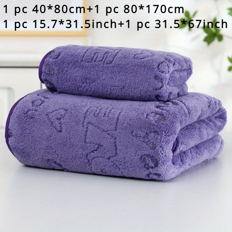 Coral Velvet Bath Towels Set 2 Pieces Obong Pattern Soft Absorbent for Face and Body
