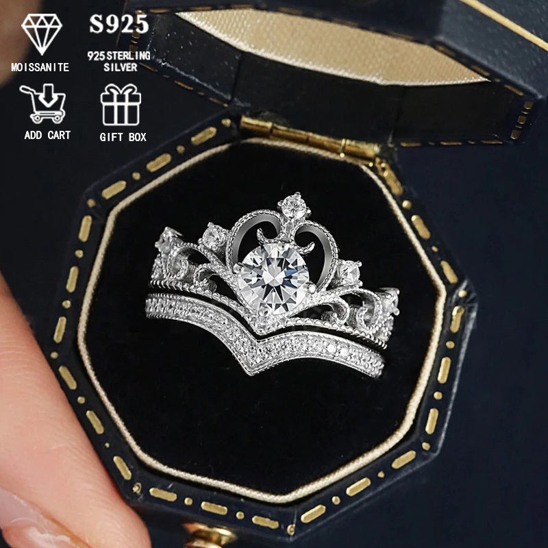 Sterling Silver Bridal Set with Crown Design 0.5 Carat Moissanite Engagement Ring and Wedding Band