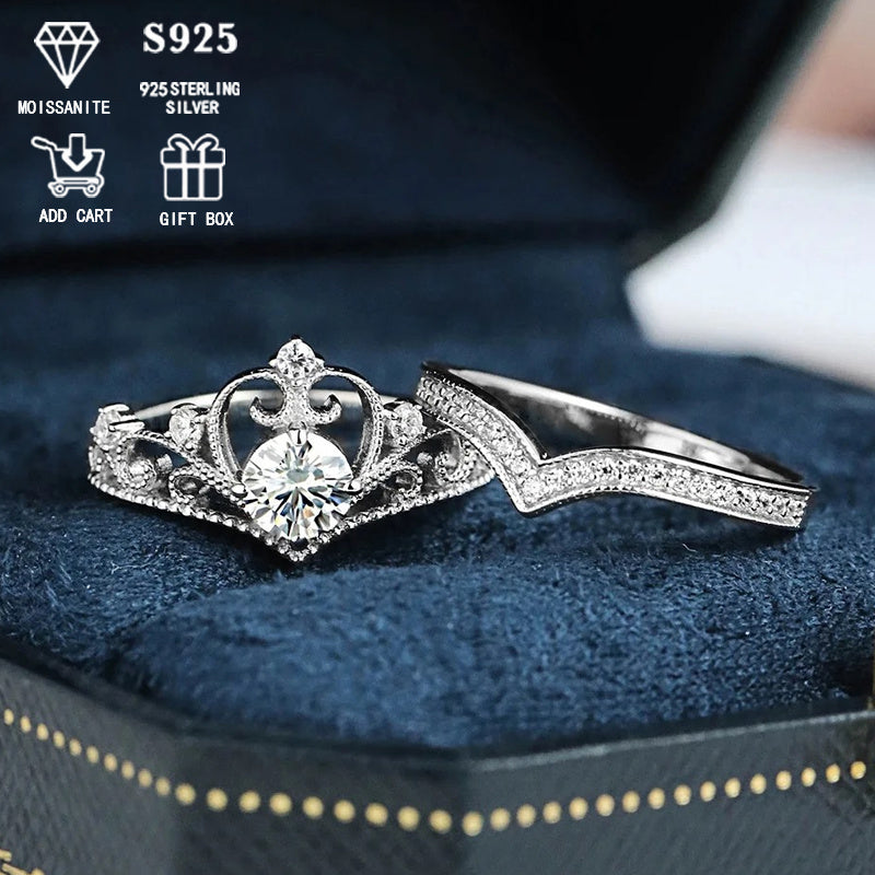 Sterling Silver Bridal Set with Crown Design 0.5 Carat Moissanite Engagement Ring and Wedding Band