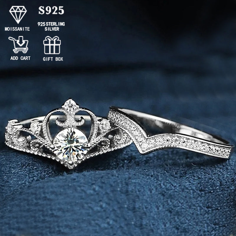Sterling Silver Bridal Set with Crown Design 0.5 Carat Moissanite Engagement Ring and Wedding Band