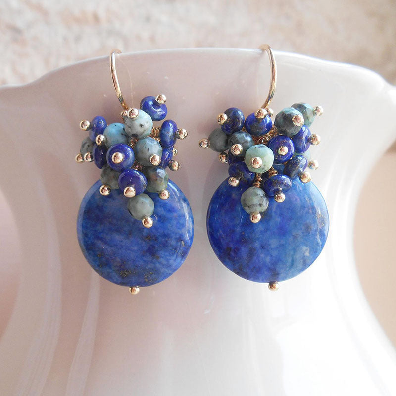 Antique-Inspired Gemstone Cluster Earrings Deep Blue Denim Emerald Green Lapis Turquoise