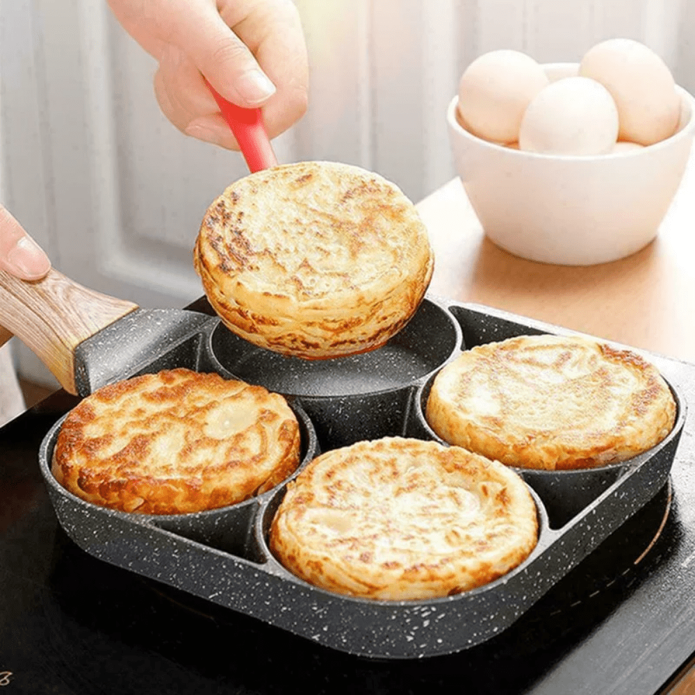 Egg Poacher Pan Non-Stick 4-Egg Capacity with Stay-Cool Wooden Handle Suitable for All Stovetops