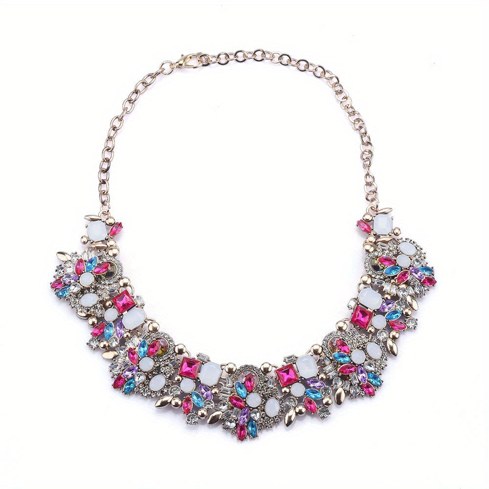 Full Rhinestone Floral Necklace for Women Elegant Alloy Jewelry for Parties