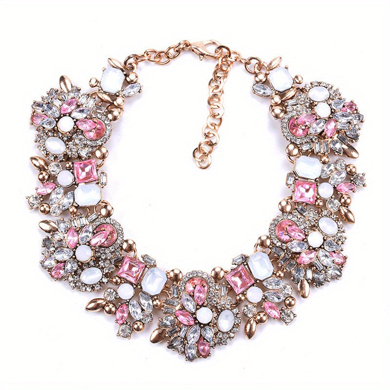 Full Rhinestone Floral Necklace for Women Elegant Alloy Jewelry for Parties