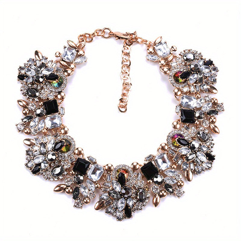Full Rhinestone Floral Necklace for Women Elegant Alloy Jewelry for Parties