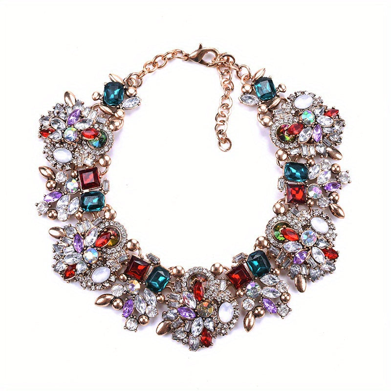 Full Rhinestone Floral Necklace for Women Elegant Alloy Jewelry for Parties