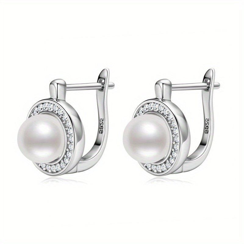 Vintage Pearl Stud Earrings in Elegant 925 Sterling Silver with Moissanite - Round, Luxurious Unisex Design for Special Occasions and Everyday Wear - Perfect for Engagement, Wedding, Anniversary, Romantic Gifts, Parties, and Travel - Comes in Gift Box