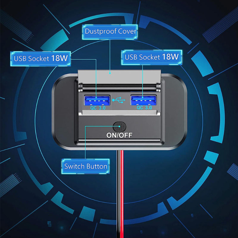 Enchufe de pared USB para barco, autocaravana y camión de 12V con carga rápida dual QC3.0