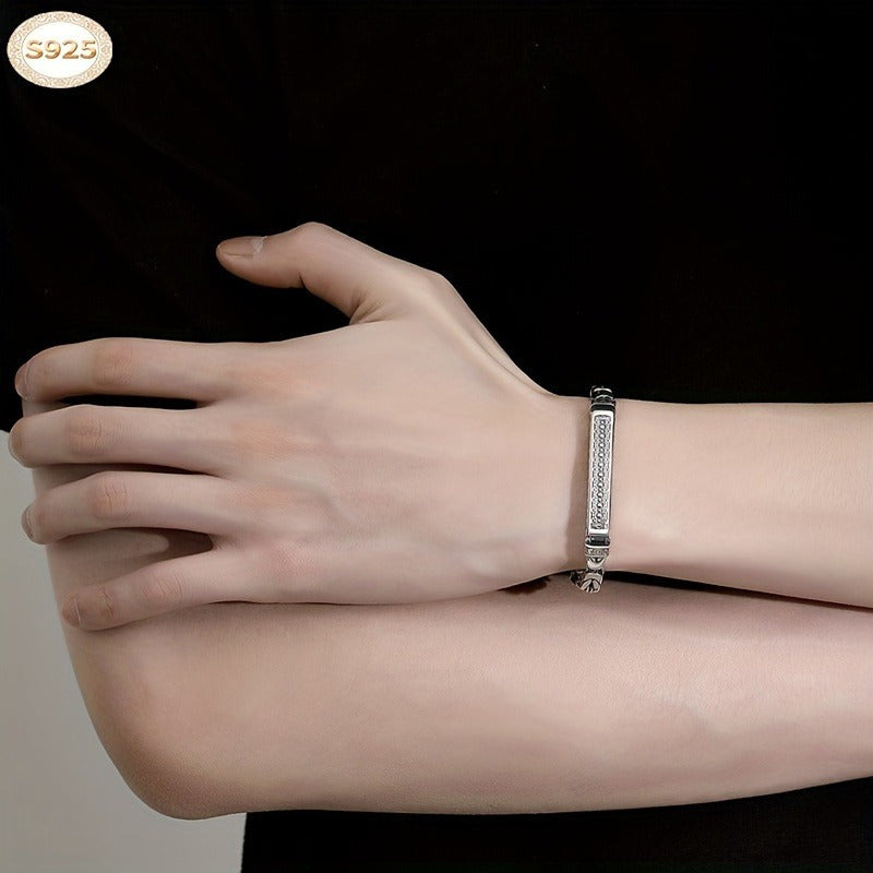 Pulsera de plata de ley S925 con patrón de paz de la fortuna de cuatro lados, cadena trenzada, joyería unisex