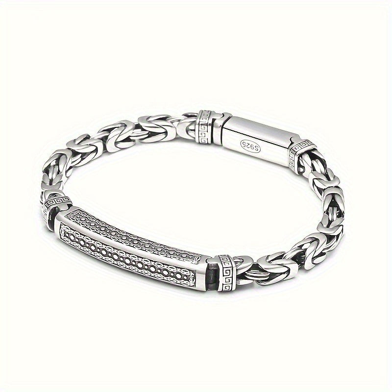 Sterling Silver S925 Bracelet with Four-Sided Fortune Peace Pattern Braided Chain Unisex Jewelry