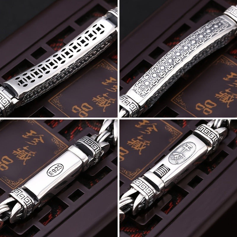 Pulsera de plata de ley S925 con patrón de paz de la fortuna de cuatro lados, cadena trenzada, joyería unisex