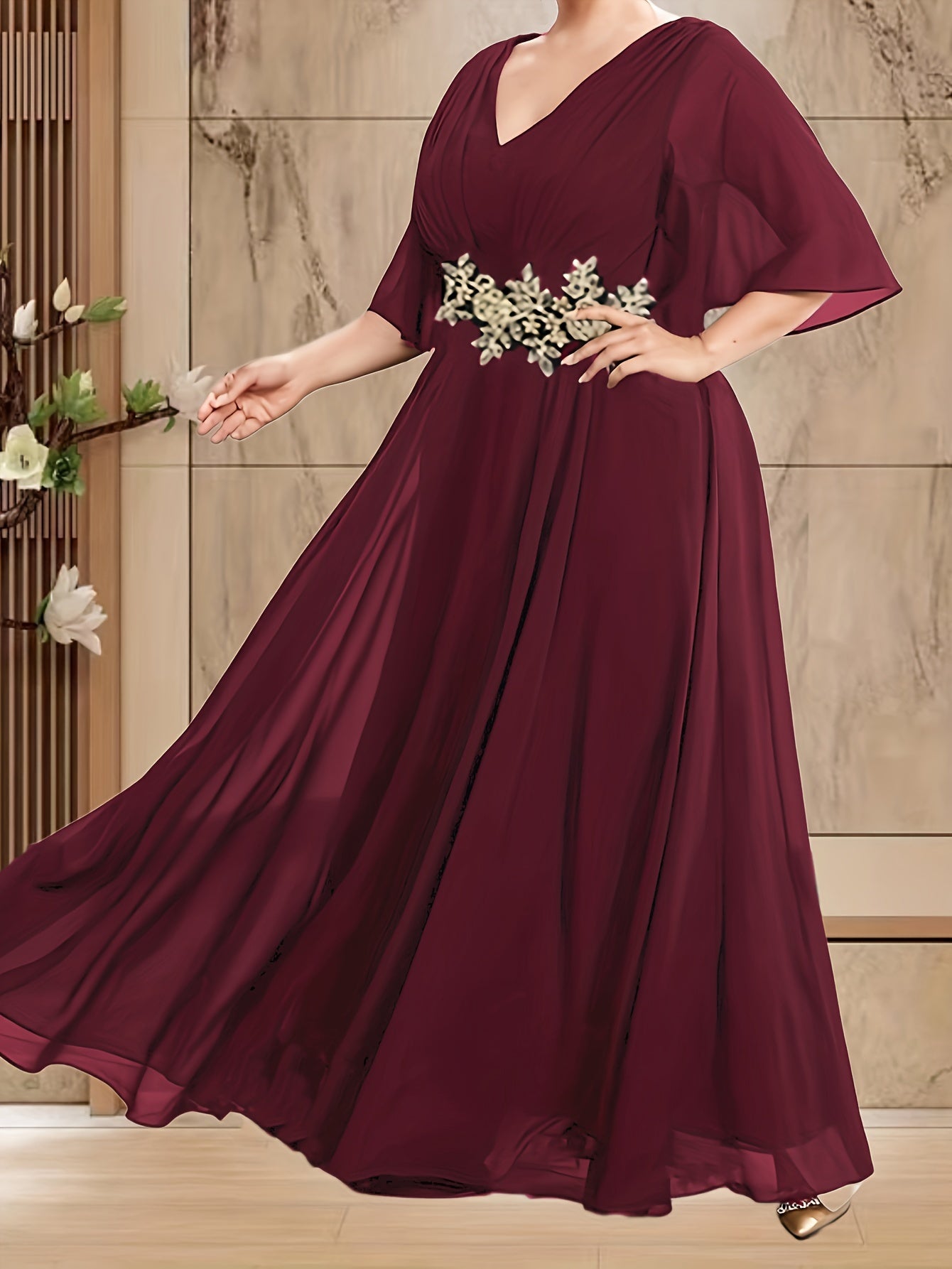 Plus Size Floral Ruched Bridesmaid Dress V-Neck Short Sleeve Wedding