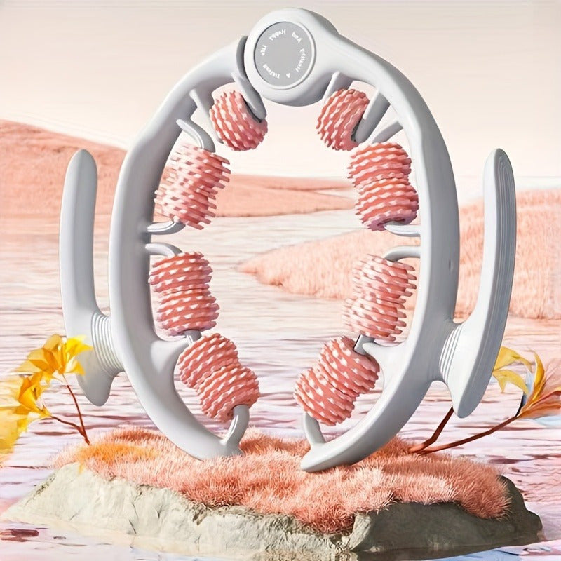 14 g'ildirakli va oyoq qisqichi bilan yoga fitness roliki, pushti va kulrang rangda. Uyda mashq qilish, mushak massaji va samaradorlikni oshirish uchun ideal. Ergonomik dizayn, xavfsiz oyoq qisqichi bilan.