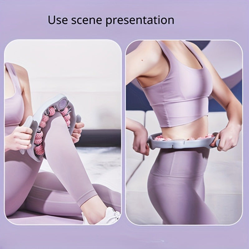 14 g'ildirakli va oyoq qisqichi bilan yoga fitness roliki, pushti va kulrang rangda. Uyda mashq qilish, mushak massaji va samaradorlikni oshirish uchun ideal. Ergonomik dizayn, xavfsiz oyoq qisqichi bilan.