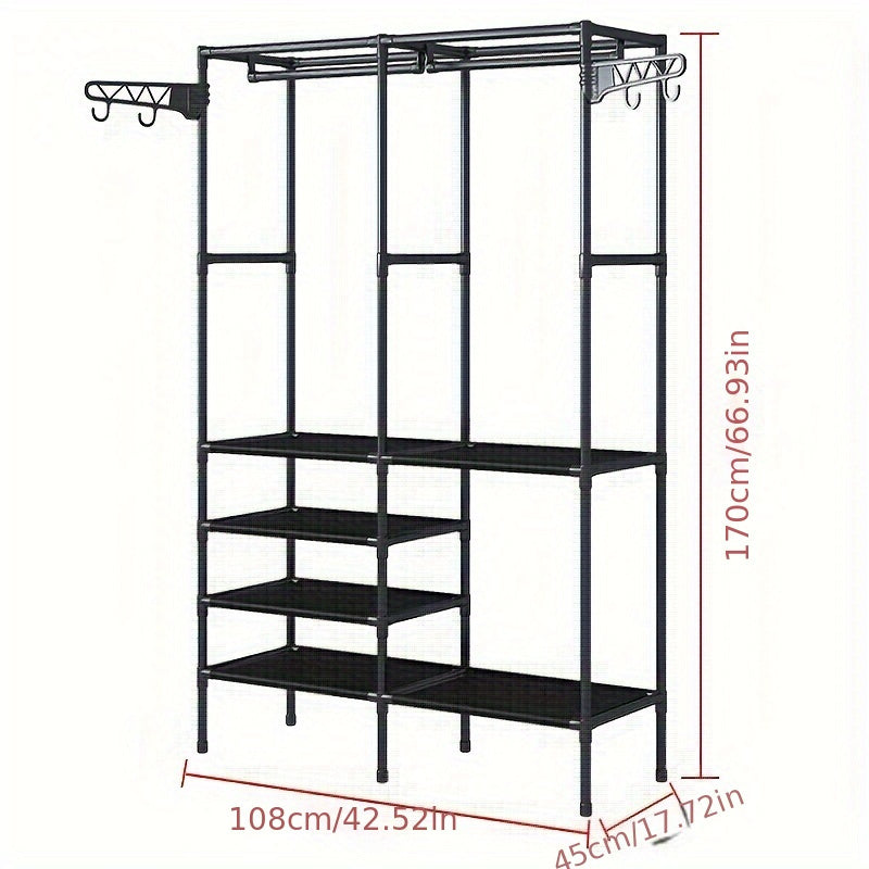 Multifunctional Double-Row Clothes Rack with 10 Shelves Freestanding Metal Organizer