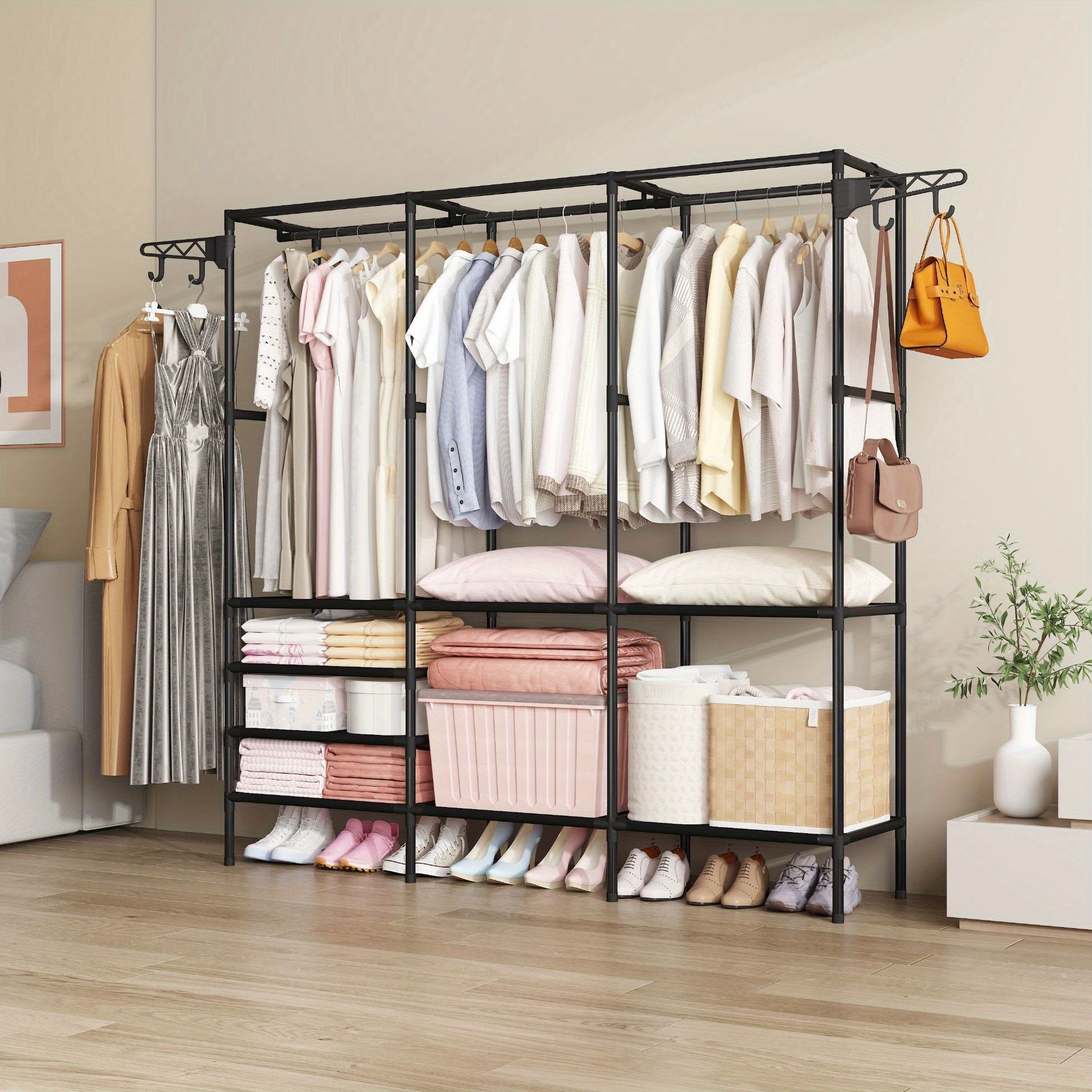 Multifunctional Double-Row Clothes Rack with 10 Shelves Freestanding Metal Organizer