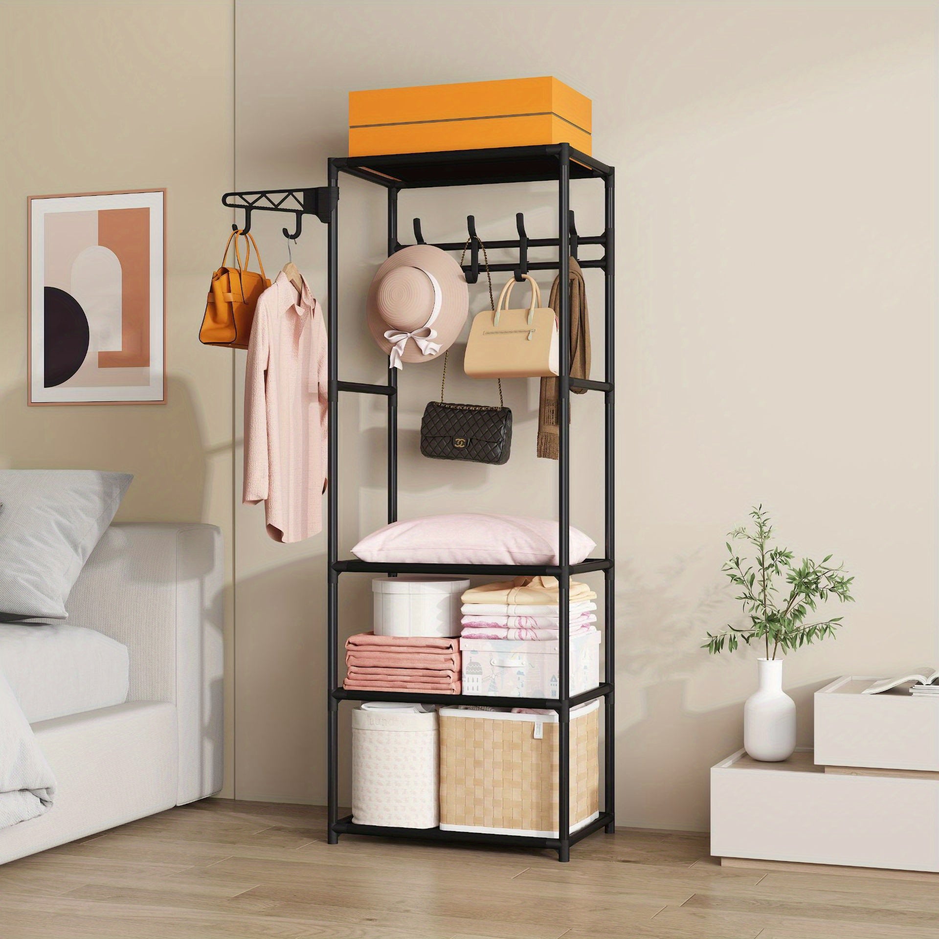 Multifunctional Double-Row Clothes Rack with 10 Shelves Freestanding Metal Organizer