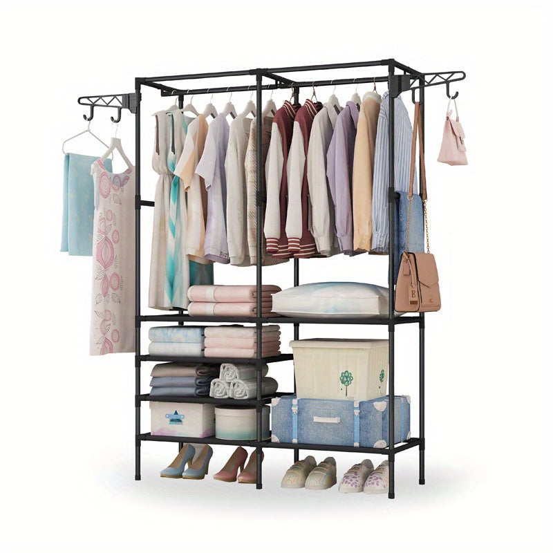 Multifunctional Double-Row Clothes Rack with 10 Shelves Freestanding Metal Organizer