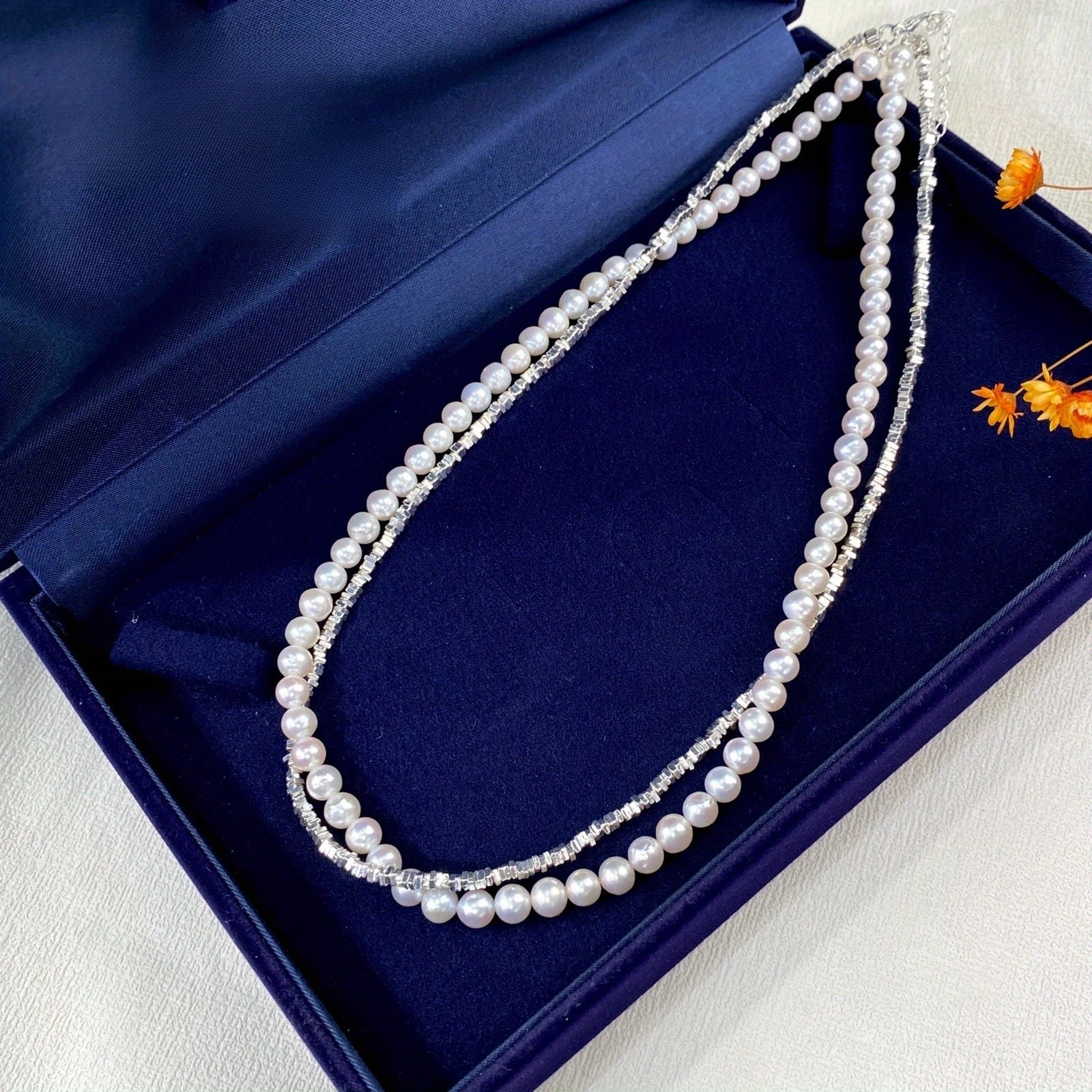 Freshwater Pearl Necklace Double Layered Silver Chain Elegant Jewelry for Women