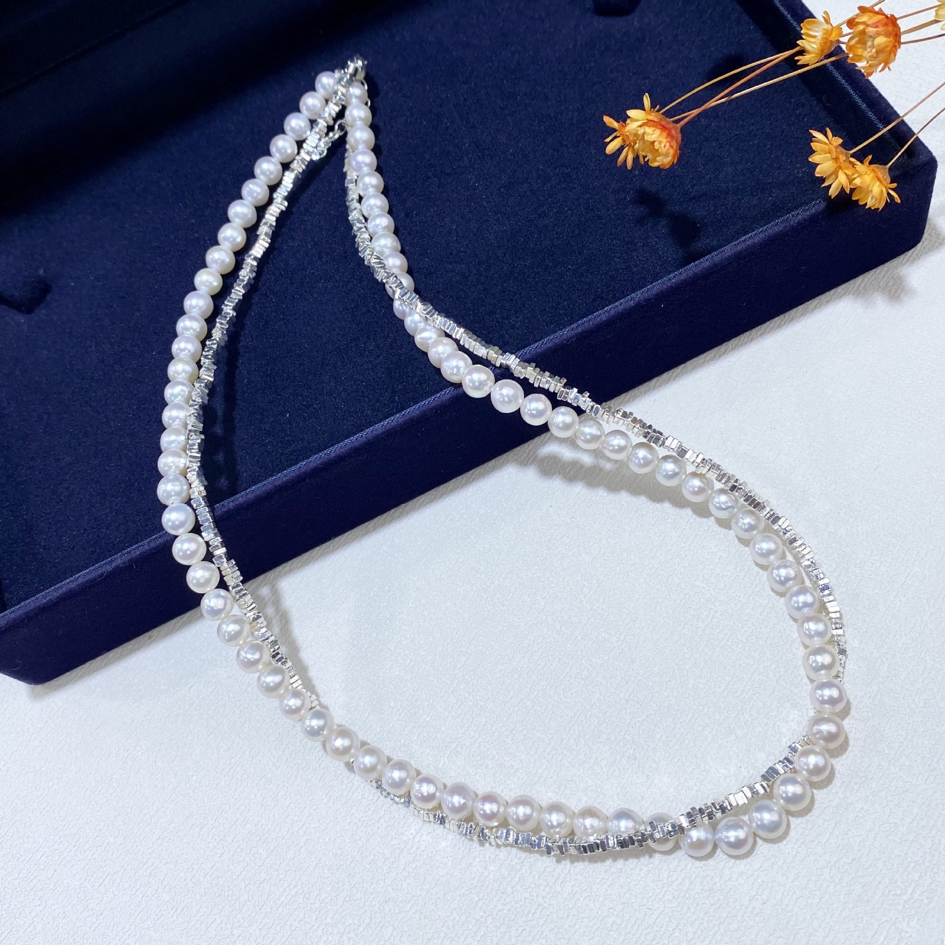 Freshwater Pearl Necklace Double Layered Silver Chain Elegant Jewelry for Women