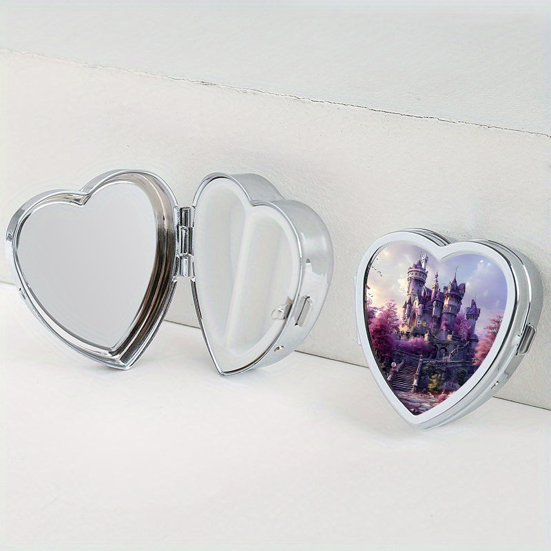 Heart-Shaped Two-Compartment Medicine Box with Castle Design for Travel and Daily Use