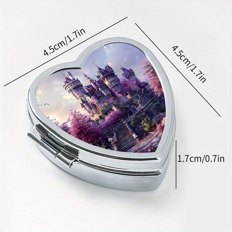 Heart-Shaped Two-Compartment Medicine Box with Castle Design for Travel and Daily Use