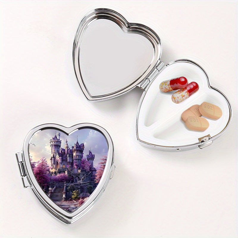Heart-Shaped Two-Compartment Medicine Box with Castle Design for Travel and Daily Use
