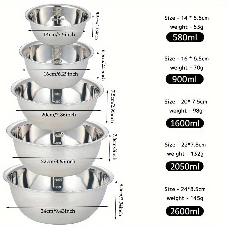 Set of 5 Stainless Steel Nesting Mixing Bowls Rust Resistant Wide Rims Space Saving