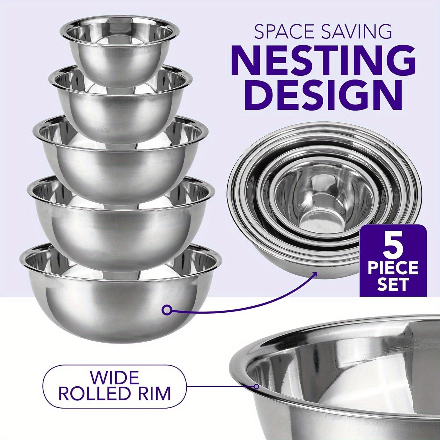 Set of 5 Stainless Steel Nesting Mixing Bowls Rust Resistant Wide Rims Space Saving