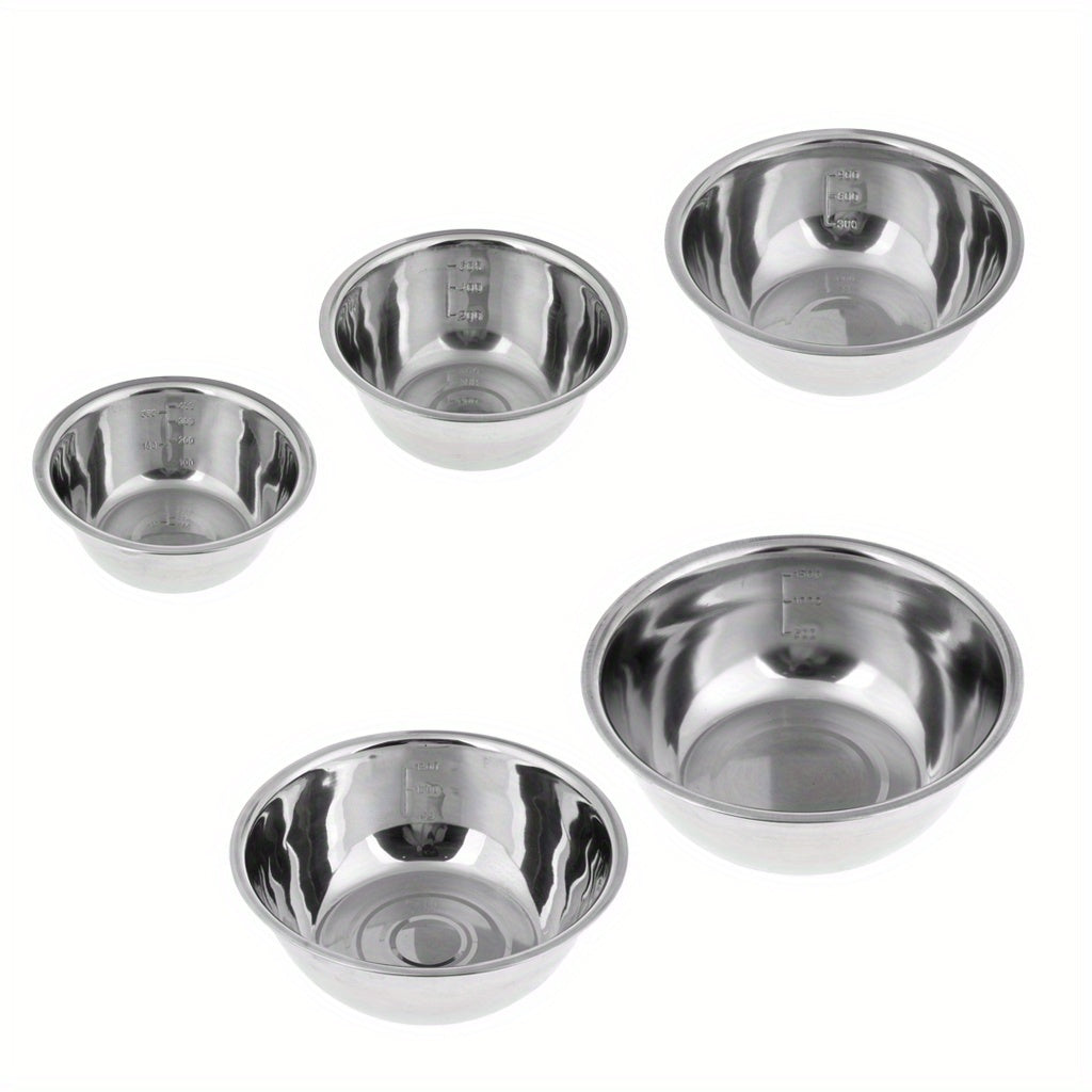 Set of 5 Stainless Steel Nesting Mixing Bowls Rust Resistant Wide Rims Space Saving
