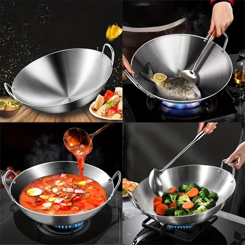 Stainless Steel Wok with Handles for Gas and Induction Cooktops Kitchen Utensil