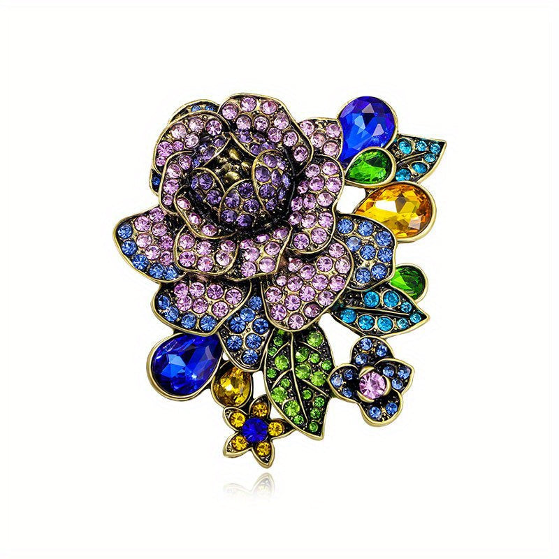 Vintage Crystal Rose Brooch Pin for Women Rhinestone Flower Lapel Accessory