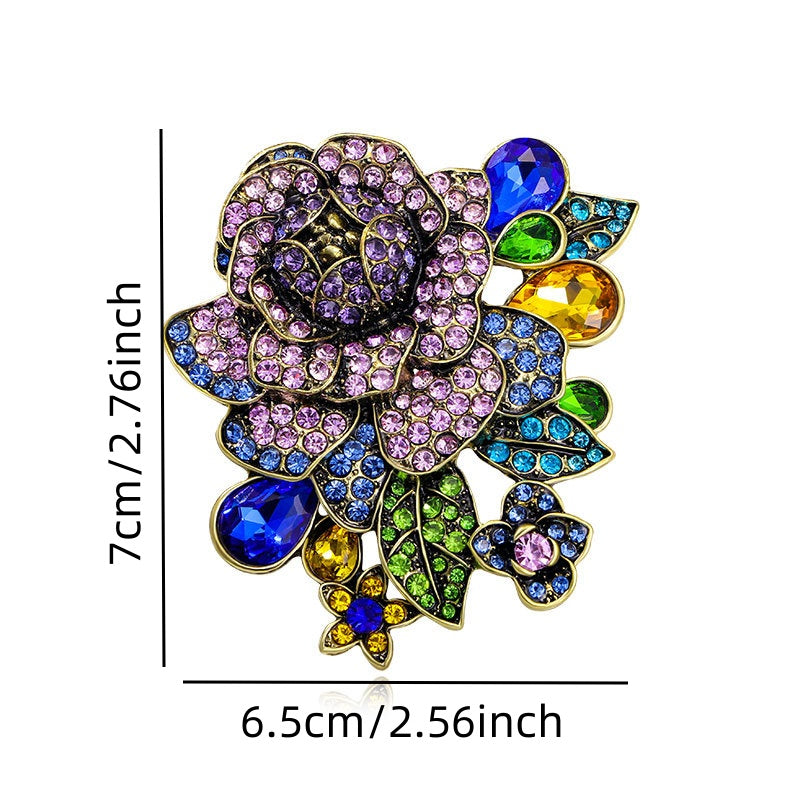 Vintage Crystal Rose Brooch Pin for Women Rhinestone Flower Lapel Accessory