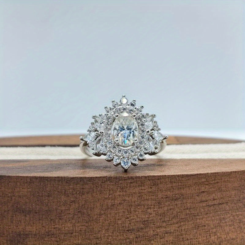 Anillo de plata S925 chapado en oro de 18K con 1CT de moissanita sintética ovalada para mujeres