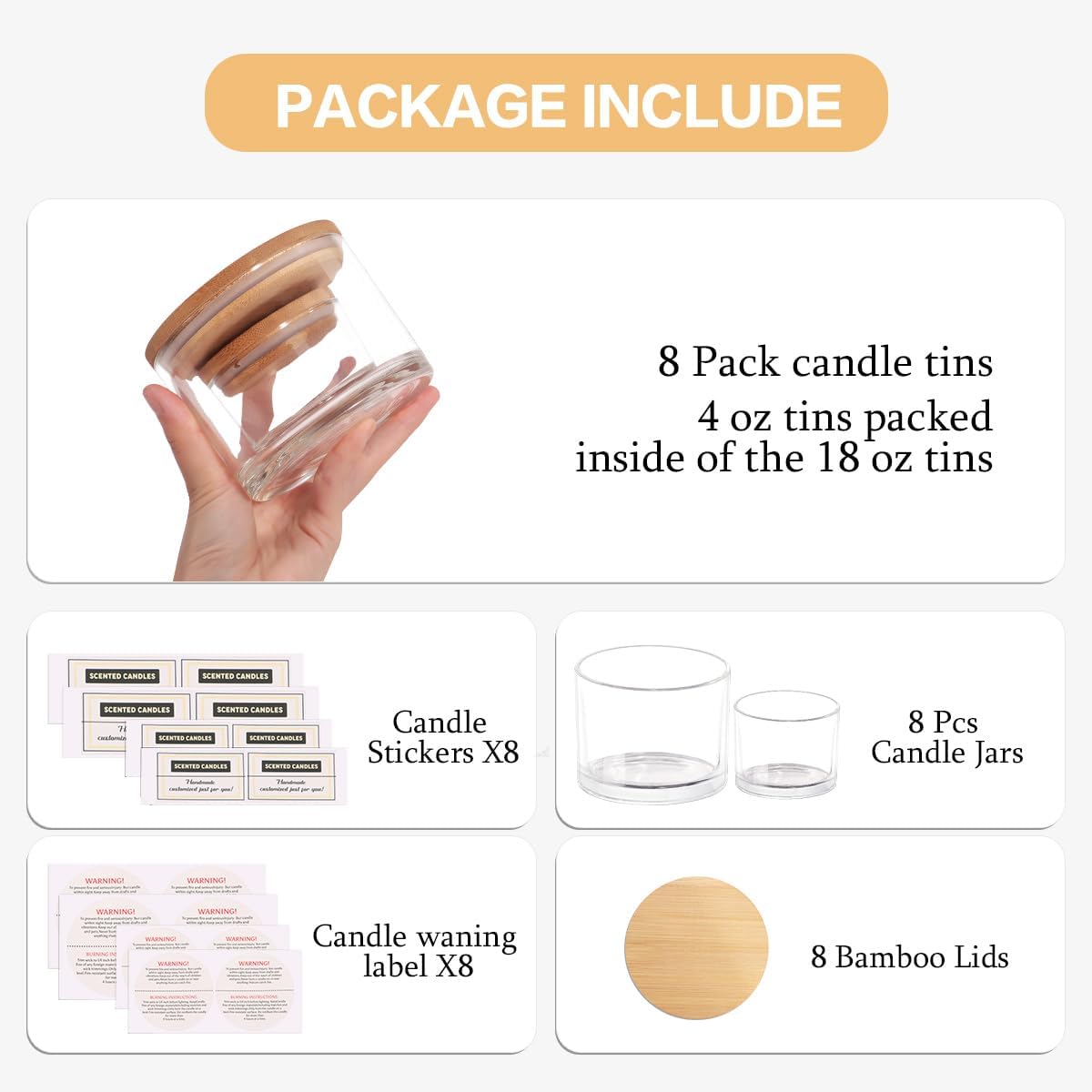 8 ta shaffof shisha sham idishlari to'plami, 4oz va 18oz o'lchamlarida keng og'ziga ega va bambuk qopqog'i bilan. O'z-o'zini tayyorlash uchun mukammal bo'lgan yopishqoq yorliqlar kiritilgan. Ushbu idishlar idish yuvish mashinasida yuvish mumkin.