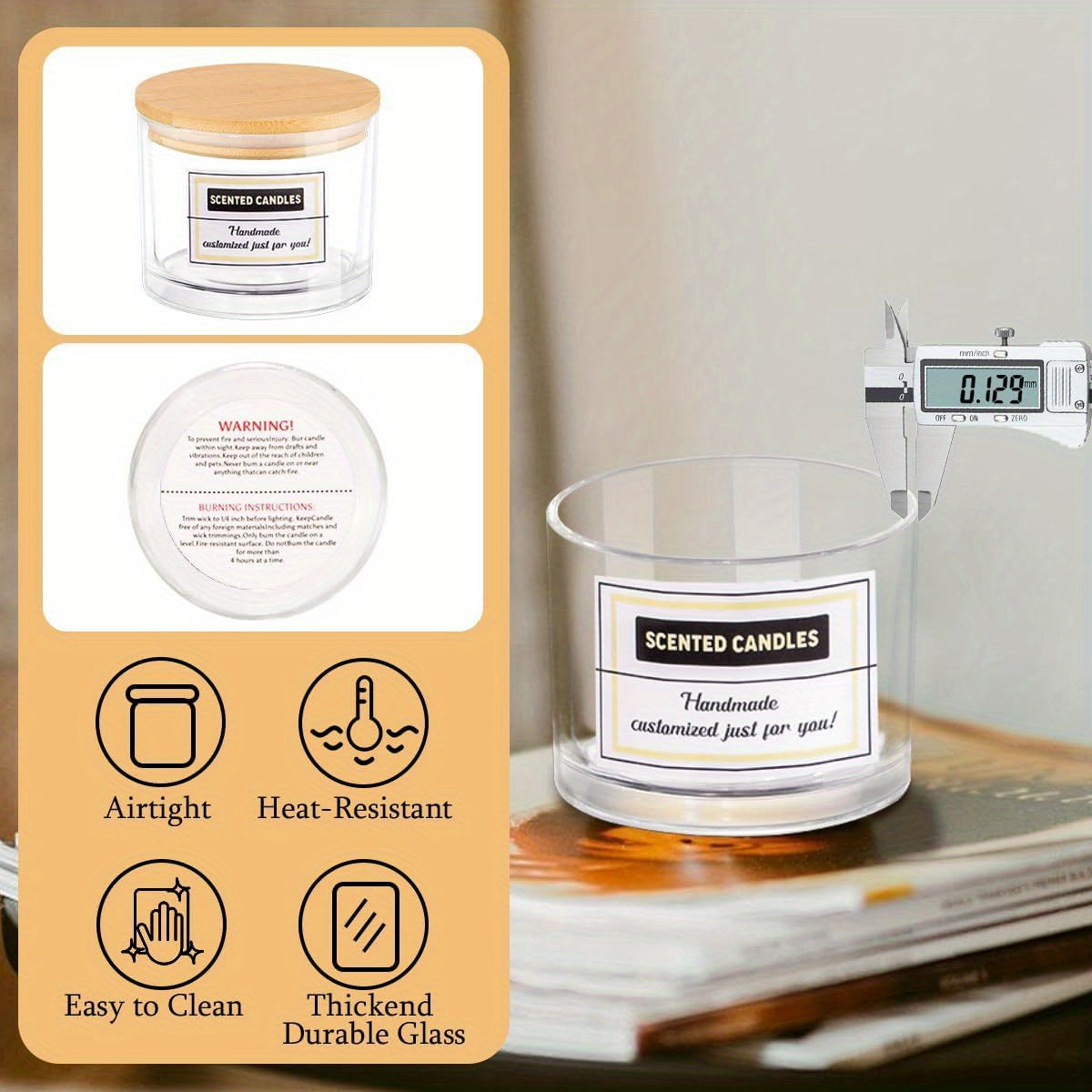 8 ta shaffof shisha sham idishlari to'plami, 4oz va 18oz o'lchamlarida keng og'ziga ega va bambuk qopqog'i bilan. O'z-o'zini tayyorlash uchun mukammal bo'lgan yopishqoq yorliqlar kiritilgan. Ushbu idishlar idish yuvish mashinasida yuvish mumkin.