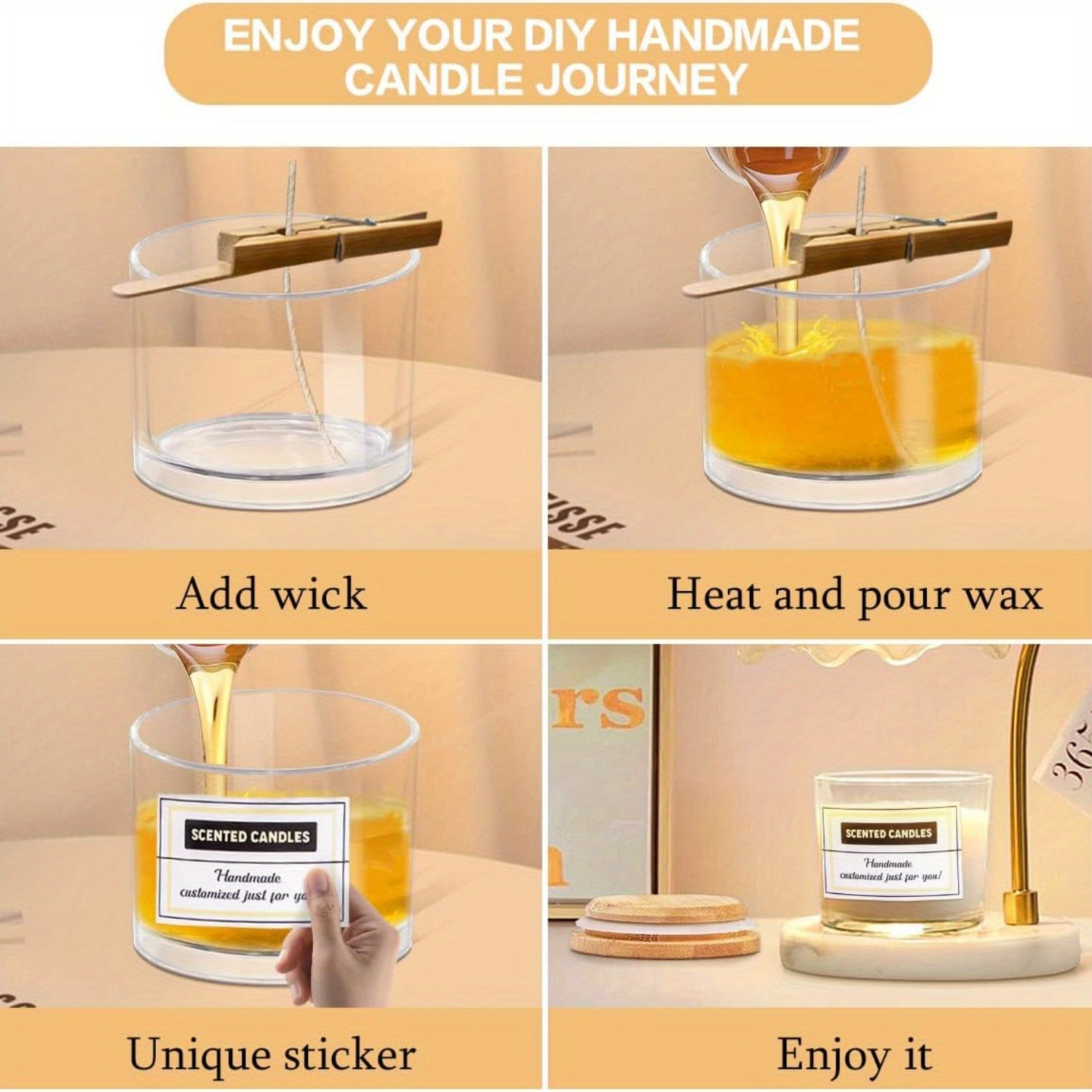 8 ta shaffof shisha sham idishlari to'plami, 4oz va 18oz o'lchamlarida keng og'ziga ega va bambuk qopqog'i bilan. O'z-o'zini tayyorlash uchun mukammal bo'lgan yopishqoq yorliqlar kiritilgan. Ushbu idishlar idish yuvish mashinasida yuvish mumkin.