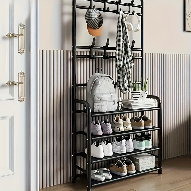 Multi-Purpose Metal Shoe Rack with Coat Hooks Floor Standing Entryway Organizer