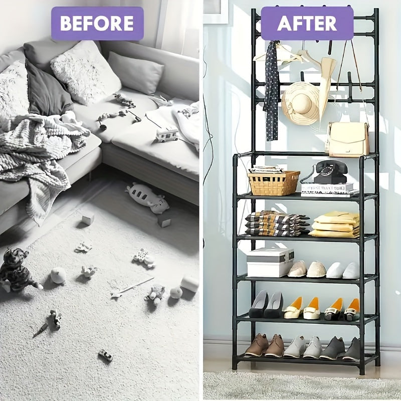 Multi-Purpose Metal Shoe Rack with Coat Hooks Floor Standing Entryway Organizer
