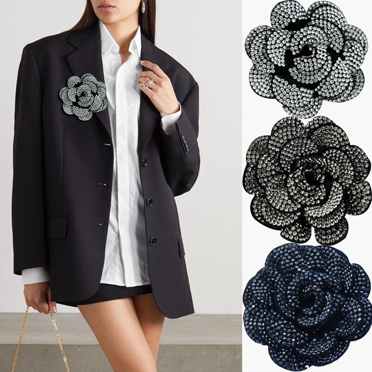 Multi-Layer Rhinestone Flower Brooch Set for Sweaters Coats Fabric Lapels