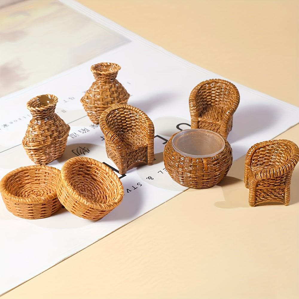 Small Bamboo Furniture and Resin Figurine Set for Home Decor
