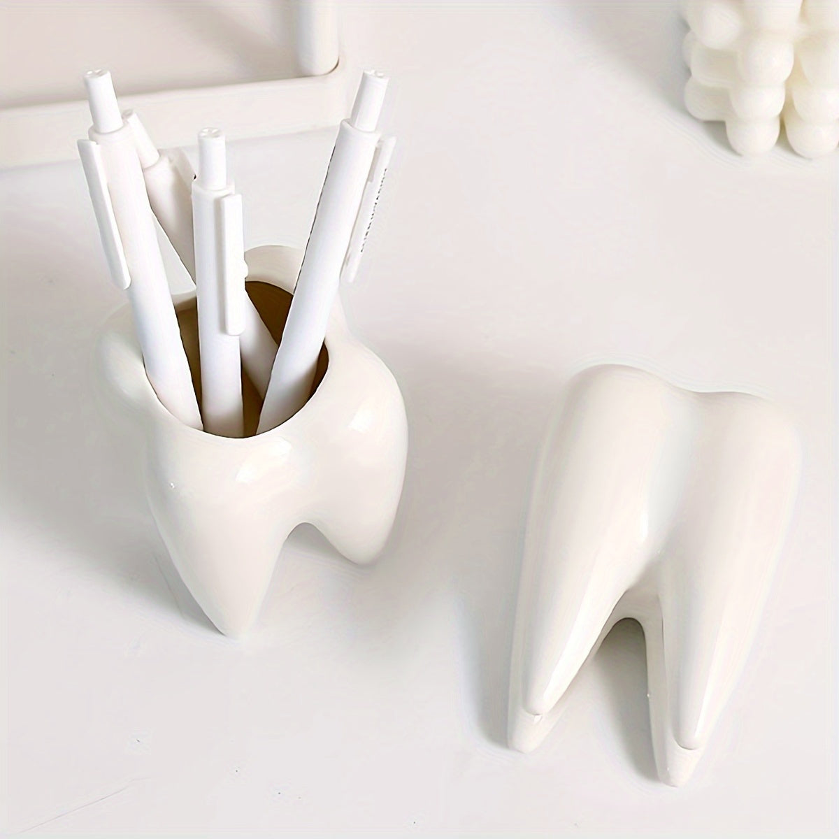 Ceramic Tooth-Shaped Pen Holder Desk Organizer for Bathroom Storage