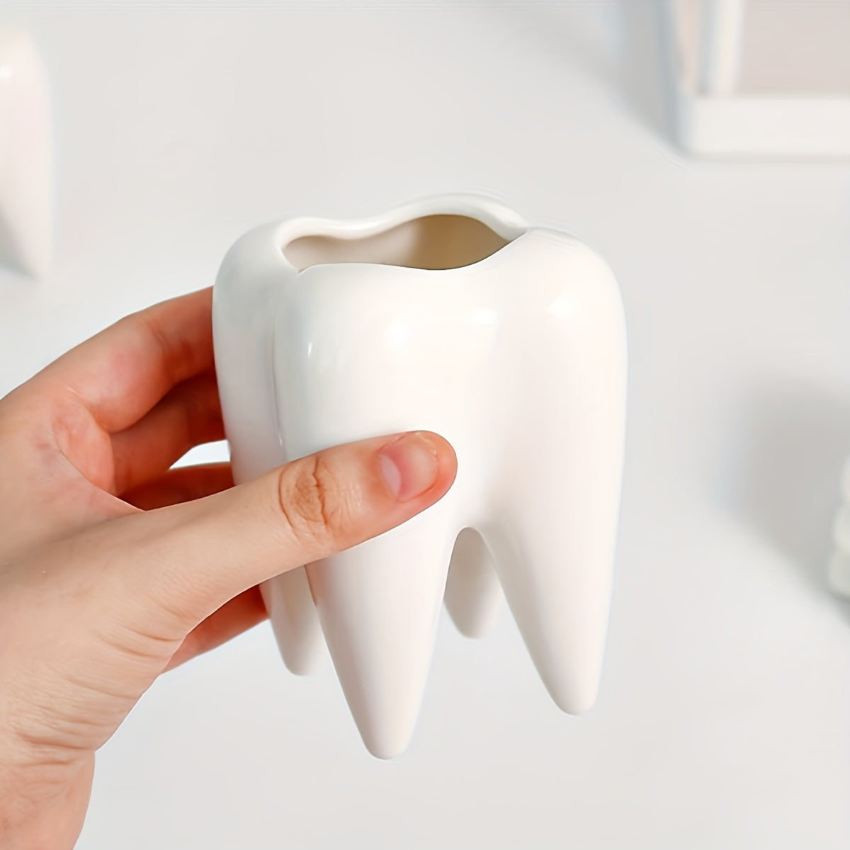 Ceramic Tooth-Shaped Pen Holder Desk Organizer for Bathroom Storage